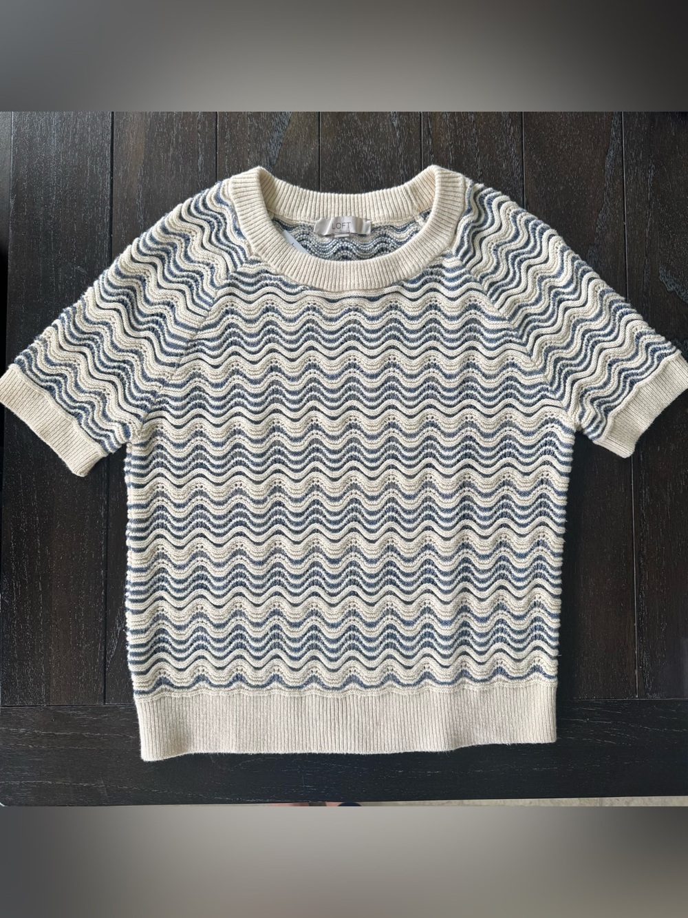 LOFT Cream and Blue Wave-Pattern Short Sleeve Sweater